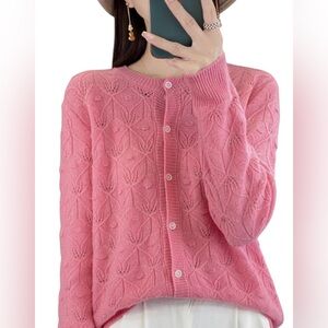 WOMEN’S SUPERFINE MERINO WOOL CARDIGAN SWEATER O NECK PINK XL